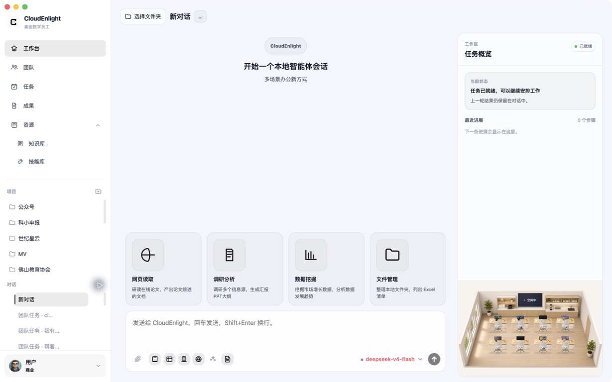 CloudEnlight 工作台、任务概览与 AI 办公室